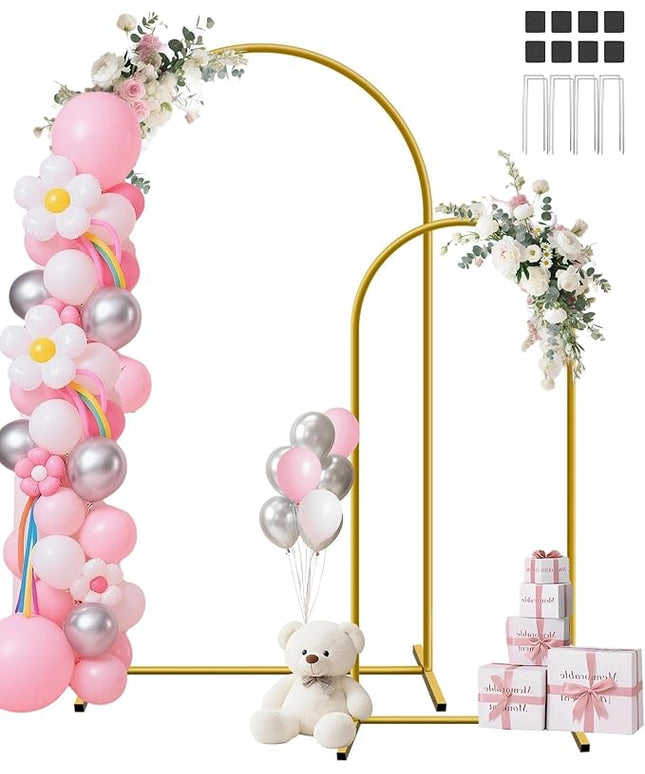 HEMMOTOP Metal Arch Backdrop Stand Set of 2 (7.2ft + 6ft), Wedding Arch Frame, Stable Background Stand with Square Base Ground Nails, for Birthday Party Baby Shower Garland Decoration, Gold
