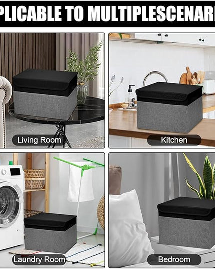 Large 17" 42 Quarts Collapsible Stackable Storage Bins with Lids [3-Pack] Foldable Fabric Linen Storage Boxes Cube, Closet Organizer Baskets with Label for Home (16.7 x 12 x 12", Black & Gray)