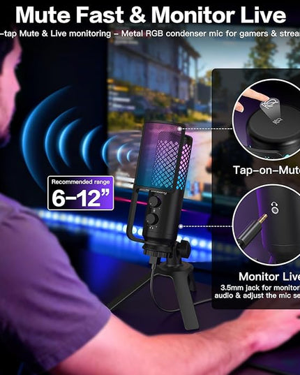 ZealSound Podcast Microphone for PC/Mac/iPhone/Phone – 96kHz/24bit USB Condenser Mic with Noise Reduction, Tap-to-Mute, Gain Control, Zero-Latency Monitor, RGB Light for Streaming, Gaming, Recording