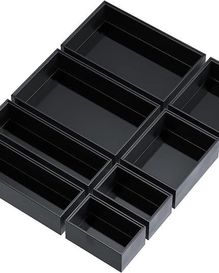 Bathroom Drawer Organizer Trays, Bamboo Drawer Organizer Kitchen Utensils Silverware Organizer, 8 PCS Wood Box Stackable Bins for Makeup, Office Desk, Junk Drawer (Black)