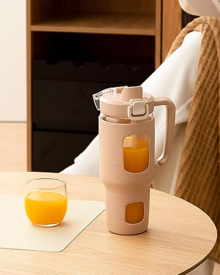 32oz Glass Tumbler with Straw Handle and 2-IN-1 Sip & Spout Lid, Reusable Iced Coffee Cup for Smoothie, Matcha, Leakproof Glass Water Bottle with Straw and Silicone Sleeve, BPA Free-Amber