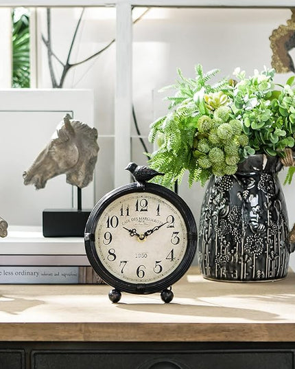 NIKKY HOME Vintage Table Clock with Bird, Metal Desk Clocks Battery Operated Black Retro Table Clock on Stand Decorative Desk Clock for Bedroom Living Room Shelf