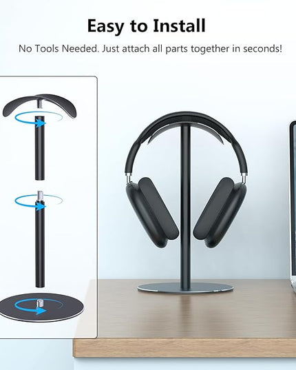 Headphone Stand for AirPods Max, Headset Stand for Desk with Curved Headphone Rest & Anti-Slip Base, Aluminum Alloy Headphones Holder for On-Ear/Over-Ear Headphone/Gaming Headset, Black