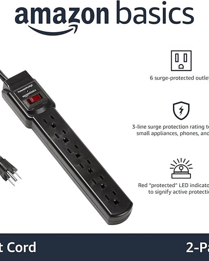 Amazon Basics 6-Outlet Surge Protector Power Strip with 200J Protection, Circuit Breaker, 2ft Extension Cord, Black, 2-Pack