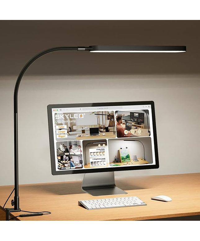 SKYLEO Led Desk Lamp - Desk Light for 33.5" Tall - Flexible Gooseneck - 5 Color Modes X 11 Brightness Levels - 1300LM - Timmer & Memory Function - 12W Clip on Light - Black