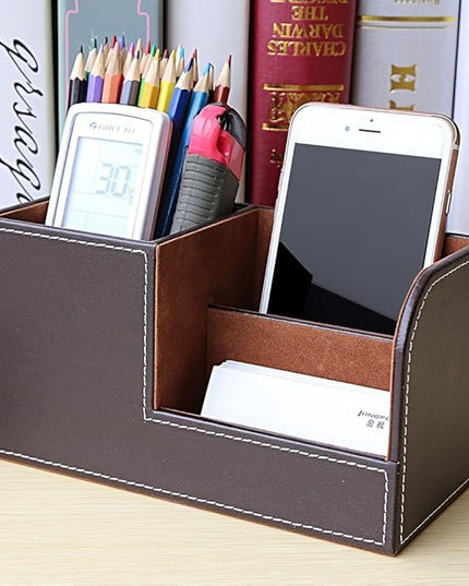 KINGFOM Desk Organizer Office Supplies Caddy Pu Leather Multi-function Storage Box Pen/Pencil,Cell phone, Business Name Cards Remote Control Holder Brown