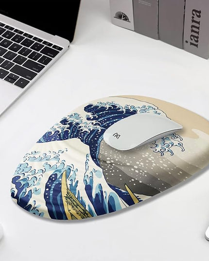 Ergonomic Mouse Pad Wrist Rest, Japanese Sea Wave Mouse Pad with Wrist Support, Memory Foam Massage Design & Non-Slip PU Base MousePads for Pain Relief, Desk, Office, Home, Kanagawa Wave