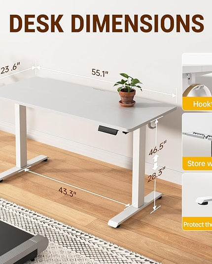Veken 55 Inch Large Electric Standing Desk,Sit to Stand Up, Heights Adjustable, Work Home Office Computer Table for Study, Walking Pad, Writing, and Games, Wooden Desktop Desks, White