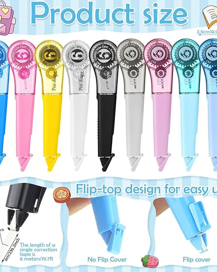 auroray 18 Pack Correction Tape Pens 1/5" X 236", 9 Color Correction Tape Pens Easy to Use Applicator for Instant Correction Students School Office Supplies