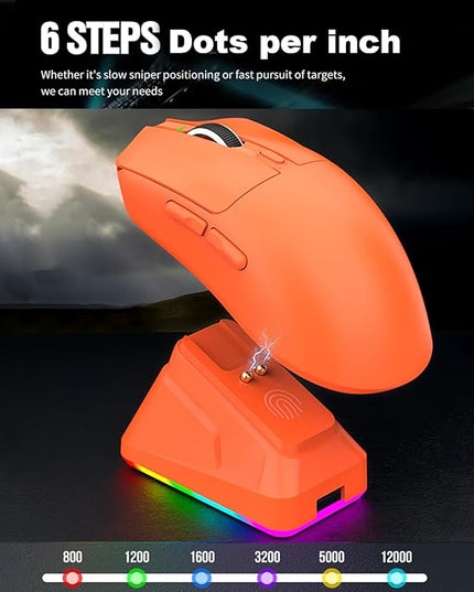 Lightweight Gaming Mouse, RGB Light 3 Mode Connection with 6 Adjustable DPI 800 12000, 7 Customizable Buttons, with Magnetic Charging Base (Orange)