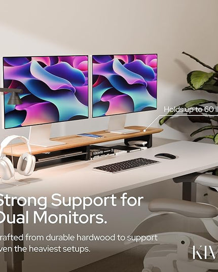 KIVY Dual Monitor Riser With Integrated Metal Shelf [MADE BY HAND] - Wooden Desk Shelf for 2 Monitors - Wide Long Stand for Desk (44 x10x3in - Oak)