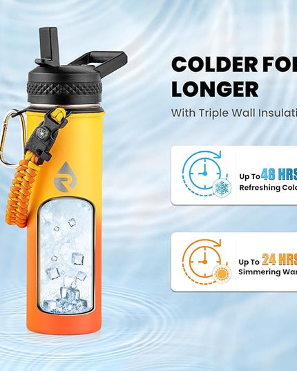 Insulated Water Bottle 20 oz, Triple Wall Vacuum Stainless Steel (Cold for 48 Hrs), Leak Proof & Non-BPA, Kids Water Bottle Jug for School with Straw Spout Lids, Ombre Orange