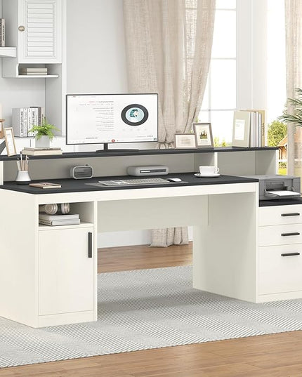 65 Inch Computer Desk with 3 Drawers & Storage Shelves, Executive Desk with File Drawer & Cabinet, Home Office Desk with Long Monitor Stand & Printer Shelf, Black & White