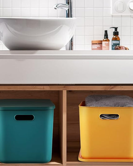 Hoolerry 8 Pieces Colorful Storage Bins with Lid, Plastic Storage Basket Organizing Container Stackable Box with Handle for Shelves Desktop Playroom Office(14.2 x 10.2 x 9.5 Inch,Multi-colored)