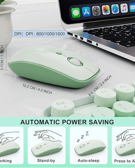 FOPETT Wireless Keyboard and Mouse Combo - 2.4G Full-Sized Cute Colorful Mouse and Keyboard with 104 Round Keys Retro Typewriter Keyboard for Laptop/Windows/PC - Green Gradient