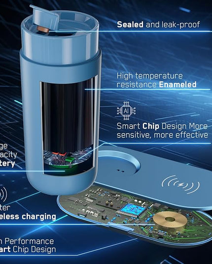 LEGARDLILIU Temperature Control Heated Coffee Mug Smart Self Heating Travel Mug 12 Oz App Controlled Warmer Mug 4-10 Hour LED Display Keep Coffee Hot Fast Wireless Charger Base Lake Blue