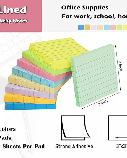 9 Pack Lined Sticky Notes 3x3 in Post Sticky Notes with Lines, 9 Multi Colors Ruled Colorful Super Sticking Power Memon Pads, 82 Sheets/Pad
