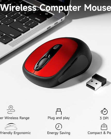 memzuoix Wireless Mouse, 2.4GHz Nano Receiver, 3 DPI Levels (800/1200/1600), 6 Buttons, Compatible with PC/Mac/Laptop - Red
