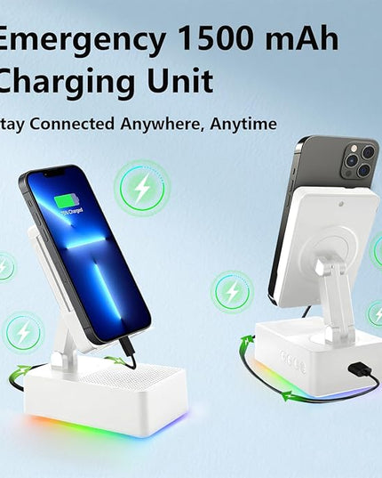 Wireless Induction Bluetooth Speaker, 5-in-1 Foldable Phone Holder, 1500mAh Emergency Charging, Colorful LED Ambient Light, Tech Gadgets Gifts for Men Women, for iPhone Android Tablet, Ivory