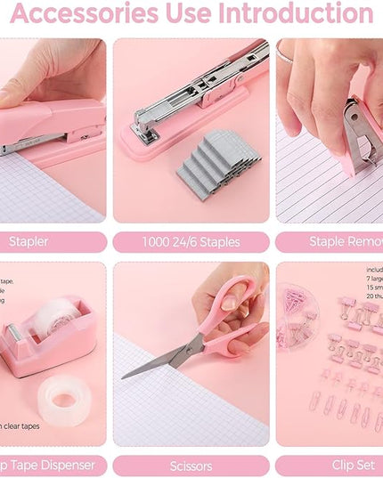SKYDUE Pink Office Desk Accessories, Pink Office Supplies, Stapler, Tape Dispenser, Scissors, Clips and 1000pcs Staples,Office Supplies for Desk for Women