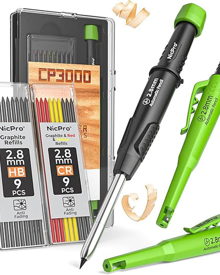 Nicpro Carpenter Pencil with Sharpener, CP3000 Carpenter Mechanical Pencils with 19 Refill, Deep Hole Marker for Construction, Heavy Duty Construction Pencil, Woodworking Tool for Architect Marking