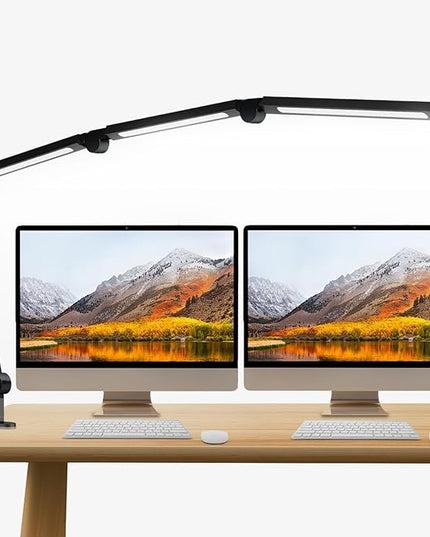LED Desk Lamp with Clamp, Adjustable Swing Arm for Home Office, Dimmable Tempering Eye Care Table Light, Black Aluminum