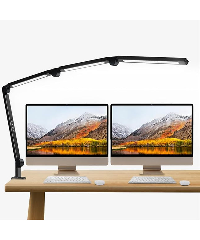 LED Desk Lamp with Clamp, Adjustable Swing Arm for Home Office, Dimmable Tempering Eye Care Table Light, Black Aluminum