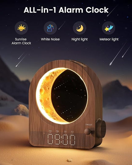 Sunrise Alarm Clock, White Noise Machine & Meteor Moonlight - 10 Soothing Sounds, Dual Alarms, 30/60/90min Timer, Easy Snooze - Bedroom Gift for Insomnia Adults/Women - Walnut