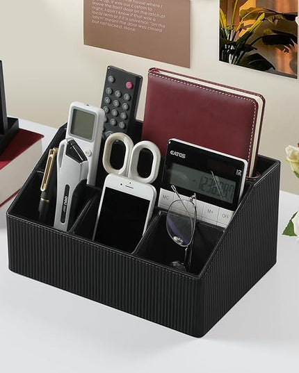 Cretkhp Remote Control Holder with 5 Compartments for Office Art Supplies, PU Leather Nightstand Organizer Pencil Pen Desk Caddy for Home, Desktop TV Remote Control Organizer Storage (Striped Black)