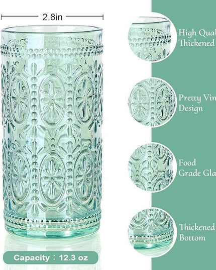 Green Drinking Glasses Set of 4, Vintage Drinking Glasses, Colored Glassware Drinking, Highball Beverage Glasses Cup, Vintage Glassware Set for Water, Juice, Cocktail, Coffee