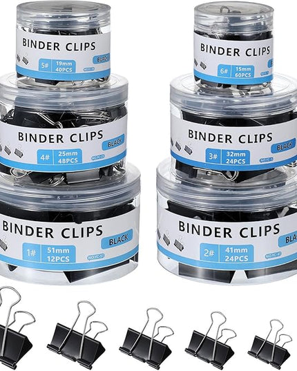 Binder Clips Assorted Sizes Including Extra Large Medium Small Mini and Micro, Office Supplies File Clamps Paper Clips, 6 Sizes in 6 Boxes, 208 PCS Metal Black Clamps for School