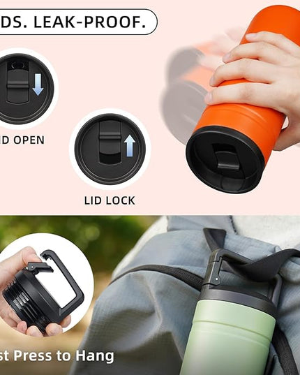 BJPKPK Insulated Water Bottle with 2 Lids,20 oz Double Wall Stainless Steel Vacuum Tumbler Travel Coffee Mug,Wide Mouth Thermal Cup,Orange