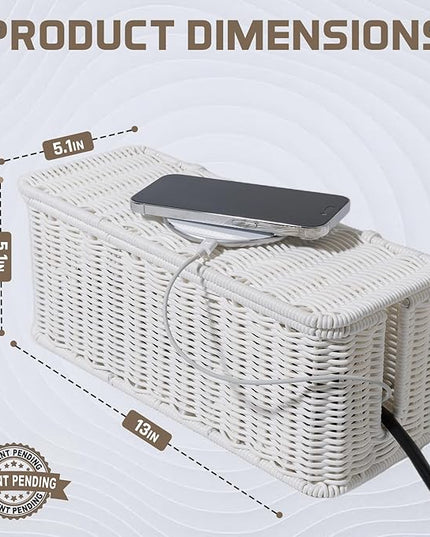 Cable Management Box, Handmade Rattan Cable Organizer, 2 Open Slots Cords Hider Box, Under Desk Cord Organizer for Computer Router USB Hub & Power Strip, Patent Pending, 13" x 5.1" x 5.1", White