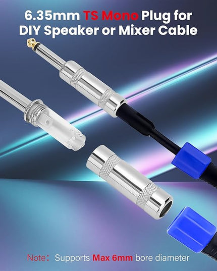 6.35mm 1/4 Inch TS Mono Plug 2Pack, 1/4" Solder Type DIY Audio Cable Straight Adapter Connector, Metal Housing, Durable and Heavy-Duty for Guitar/Speaker/Microphone Audio Cable Repair Replacement