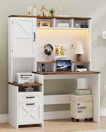 Farmhouse Executive Desk 51" Computer Desk with 2 Drawers Storage Cabinet and RGB LED Lights Power Outlets, Wood Home Office Desk with Hutch and Monitor Stand for Work Study Writing, Rustic White