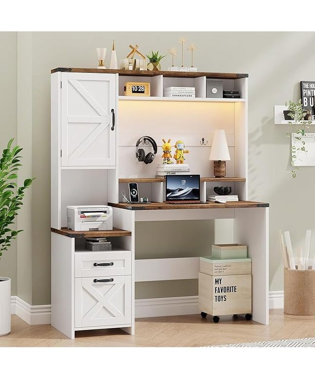 Farmhouse Executive Desk 51" Computer Desk with 2 Drawers Storage Cabinet and RGB LED Lights Power Outlets, Wood Home Office Desk with Hutch and Monitor Stand for Work Study Writing, Rustic White