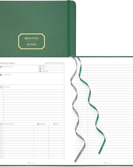 EMSHOI Meeting Notebook for Work with Sticky Tabs - 240 Pages, A4 Size Project Planner, PU Leather Meeting Agenda/Minutes Organizer for Women Men Note Taking Office Business, 8.3"x11.7", Dark Green