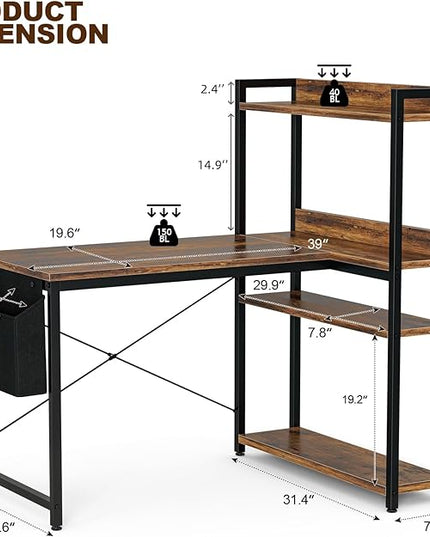 Grandder 47 Inch L Shaped Computer Desk with Reversible Storage Shelves, Home Office Corner Desk Study Writing Table with Hutch, Study, Rustic Brown