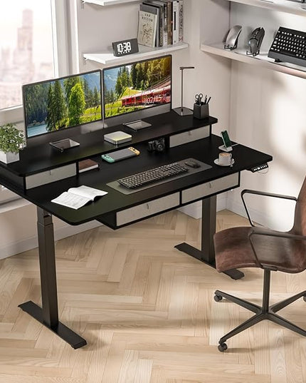 Kingant Standing Desk with Drawers & USB Charging Port, 55" x 30" Height Adjustable Home Office & Gaming Desk, Sit Stand Desk with Built-in Storage Shelf, Hook & Ergonomic Design(Classic Black)