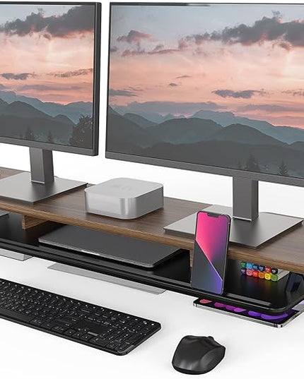 Fenge Dual Monitor Stand, Monitor Stands Riser for 2 monitors, 42.5 Inch Wood Desk Shelf with Storage Organizer and Cable Management for Office Desk Accessories