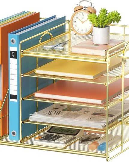 Marbrasse Desk Organizer with File Holder, 5-Tier Paper Letter Tray, Mesh Desk Organizers and Accessories with Magazine Holder, Desktop Organizer and Storage for Office Supplies (Gold)