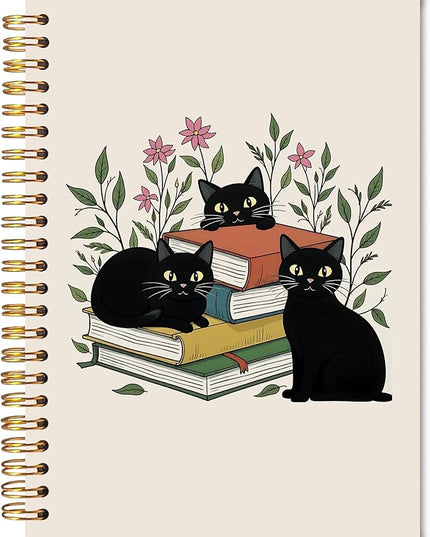 Black Cat Book Lover Spiral Notebook Journal 5.5x8.3, Cat Mom Lady Gifts Journal for Women, Book Lovers Gifts for Bookish Readers, Boho Floral Journaling Notebooks