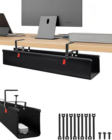 28" No Drill Under Desk Cable Management Tray - Upgraded Oxford Fabric with Cable Loop, No Damage to Table for Standing Desks and Home Office (Regular (28 Inch))