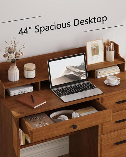 4 EVER WINNER Computer Desk with Drawers for Small Spaces, Wood Desk with File Cabinet & Monitor Stand, Office Desks Writing Study Table for Bedroom, Brown