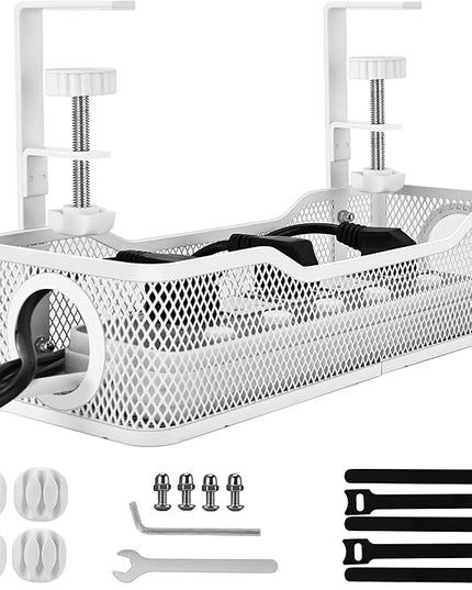 Under Desk Cable Management Tray Small – Clamp-Mounted Wire Organizer & Cord Management Under Desk Holder, No-Drill Metal Cable Tray for Home Office (White)