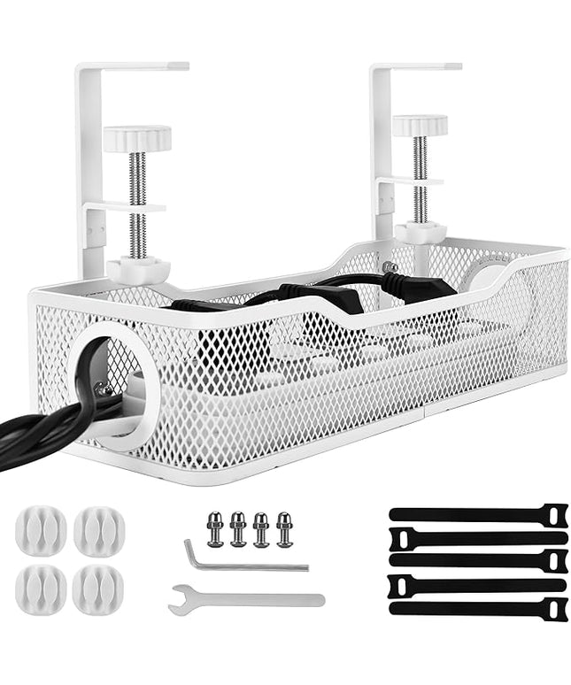 Under Desk Cable Management Tray Small – Clamp-Mounted Wire Organizer & Cord Management Under Desk Holder, No-Drill Metal Cable Tray for Home Office (White)