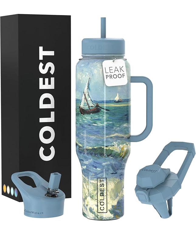 Coldest Tumbler with Handle and Straw - 100% Leak Proof Insulated Tumbler with Lid and Straw (3 Lids) - Stainless Steel Tumblers for Women & Men - Cup Holder Friendly Base, 46 oz (Seascape)