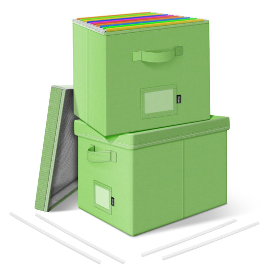 Onylin File Organizer Boxes with Lid, Linen Hanging File Storage Boxes with Handle, Collapsible Document Filling Boxes for Letter/Legal Folder, Portable File Box for Office/Decor/Home (2 Pack, Green)