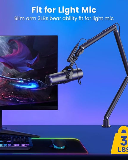 Adjustable Microphone Boom Arm for Lightweight Mics, 30-inch Rotatable Desk Stand with Cable Management & 3/8" 5/8" Threads, Space-Saving Design for Streaming, Podcasting, Gaming (Black)