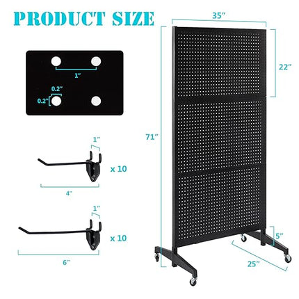 3'x 6' Pegboard Display Stand with T-Base, Metal Peg Board Display Stand with Wheel, Standing Pegboard Display with 20 Pieces Hooks, Black